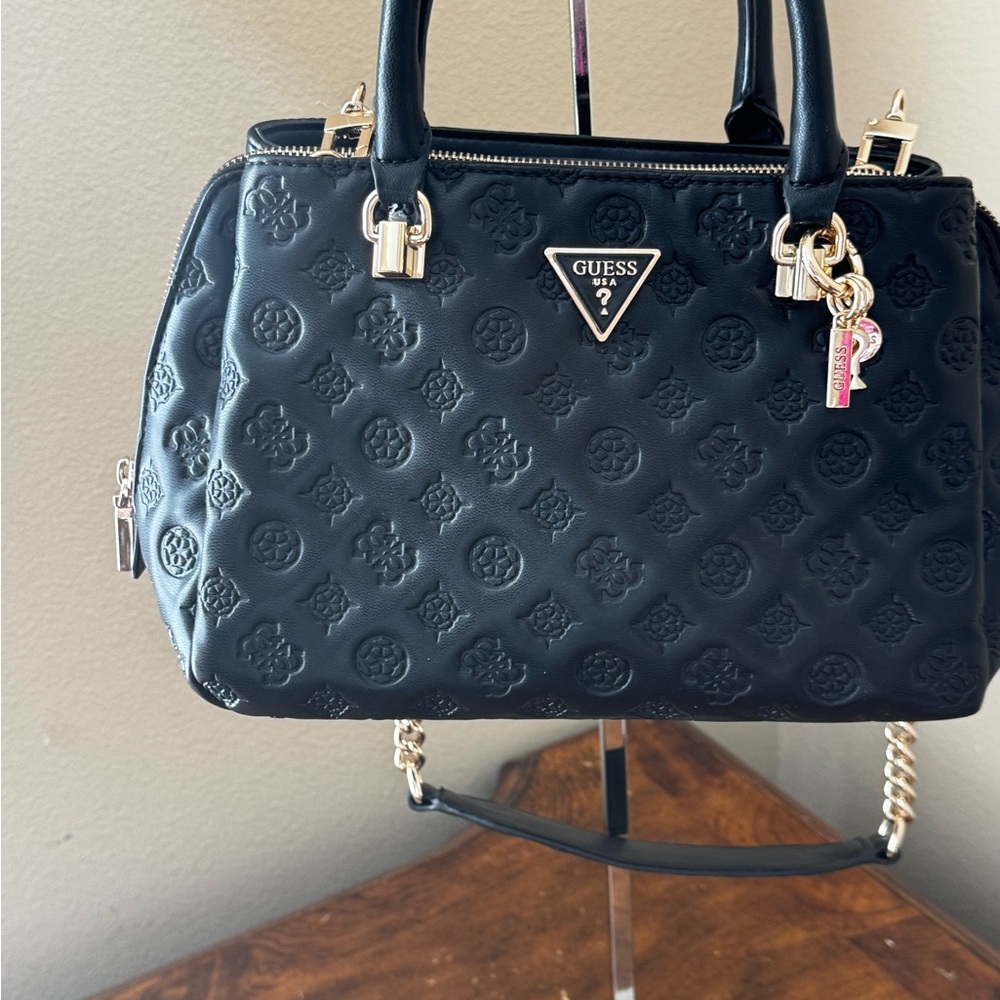 GUESS The Woman Stunning Black Leatherette Satchel with Embossed Logo